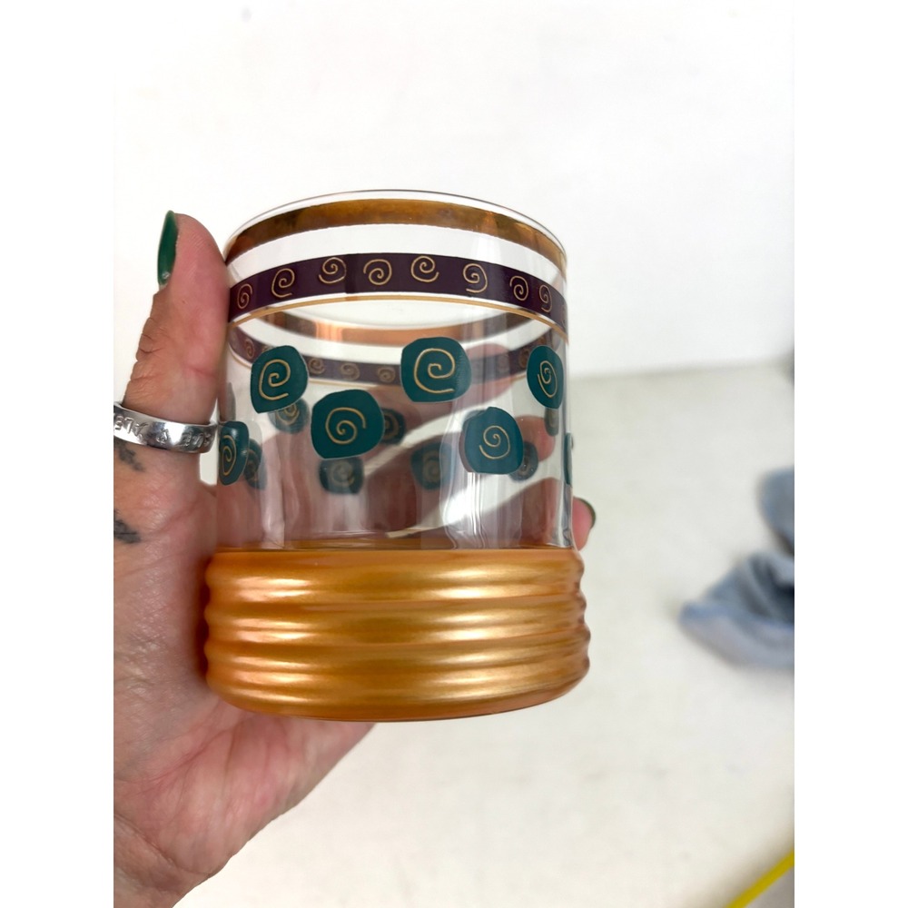 Vintage Gold Teal Burgundy Spiral Rocks Glasses Whiskey Tumblers Pair - Picture 6 of 11